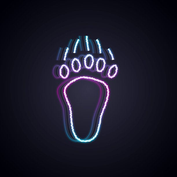 发光的霓虹灯线熊爪脚印图标孤立在黑色的背景。向量图片下载