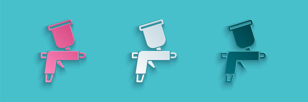 纸切割喷漆枪图标隔离在蓝色背景上。纸艺术风格。向量图片下载