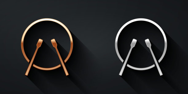 金和银乐器鼓和鼓棒图标孤立在黑色背景。长长的阴影风格。向量图片下载