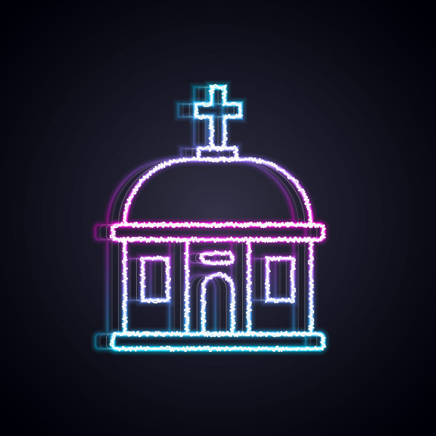 发光的霓虹灯线圣托里尼建筑图标孤立在黑色背景。传统的希腊白房子，蓝色屋顶，欧洲文化。向量图片下载