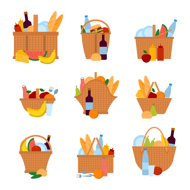 卡通颜色野餐篮子图标设置图片下载