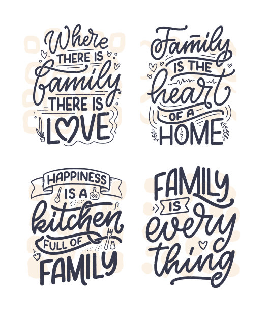 集与手画字母引用现代书法风格的家庭。印刷品和海报设计的口号。向量图片下载