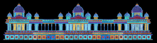 具有幻想华丽印度古董寺庙的边框建筑图案，在黑色背景上，彩色细线轮廓的水彩画，T恤印花，蜡染画，纺织印花图片下载