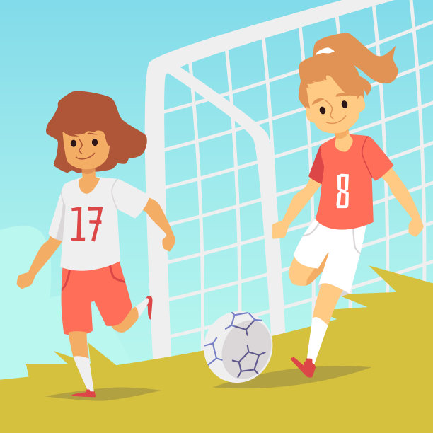 可爱的学校女孩角色踢足球或足球平面矢量插图。图片下载