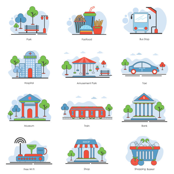 城市元素-线条设计风格图标集图片下载