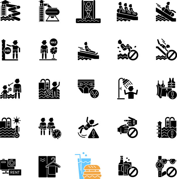 水上公园黑色字形图标设置在白色空间图片下载