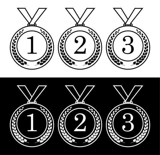 带月桂花环的运动奖牌素材：比赛一二三等奖图片下载