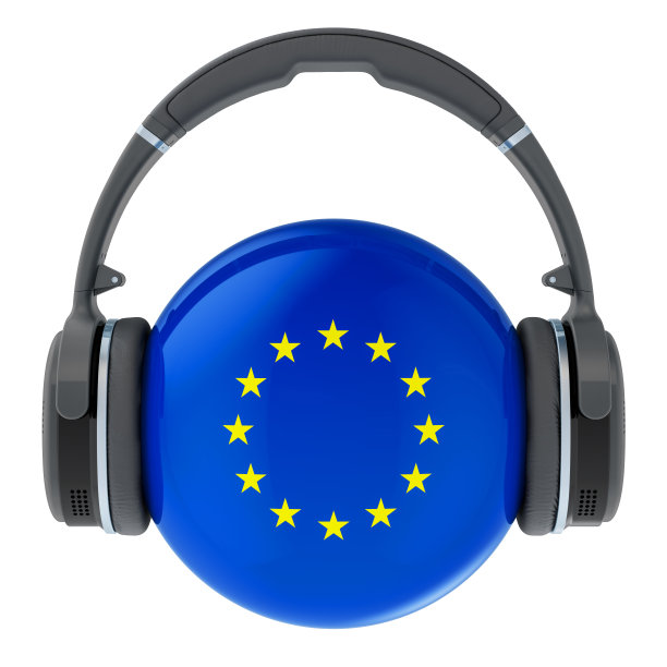 耳机与欧盟旗帜，3D渲染孤立的白色背景图片下载
