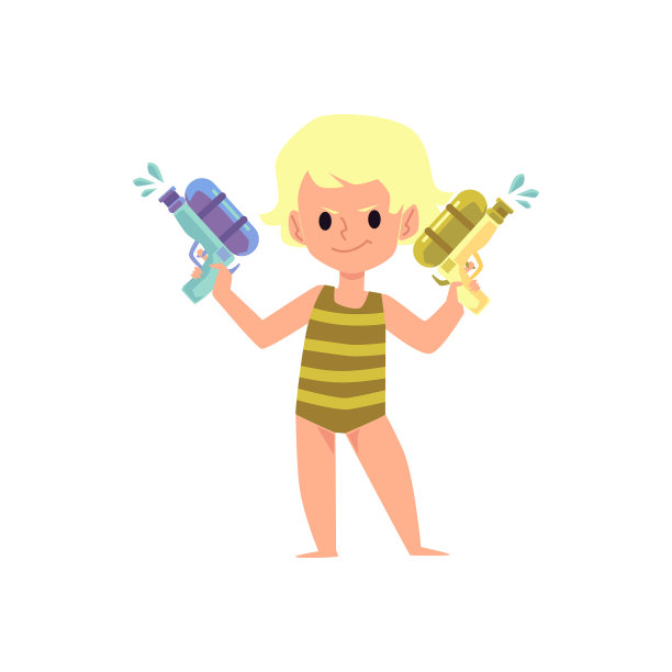 卡通小孩拿着两把水枪或玩具手枪图片下载