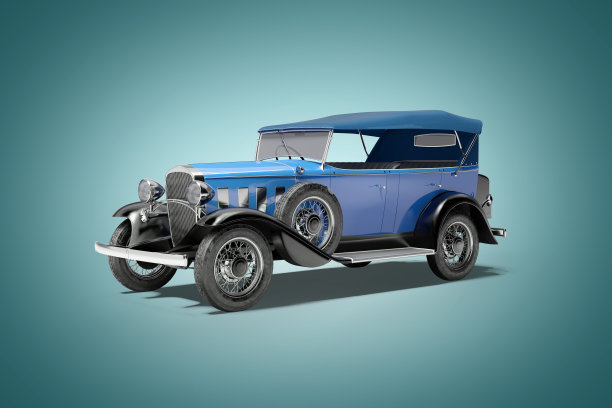 经典复古汽车蓝色隔离3d渲染在蓝色背景与阴影图片下载