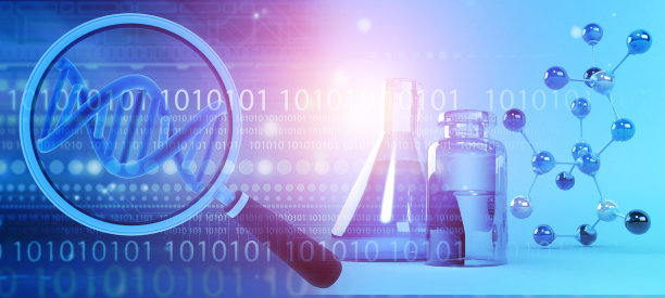 放大镜和dna分子与化学实验室设备图片下载