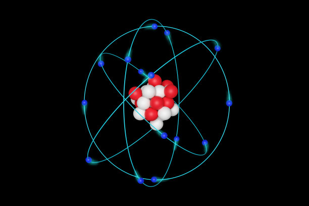 原子。原子核、电子和轨道在黑色背景上孤立的原子结构模型。3 d演示。图片下载