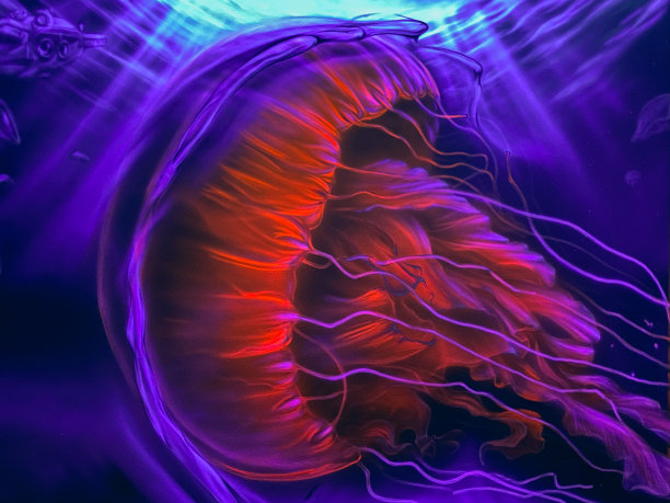 水族馆里美丽的水母。蓝色背光。图片下载