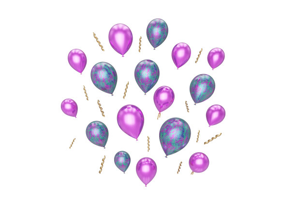 许多美丽的紫色气球飞行孤立的白色背景，3d渲染图片下载