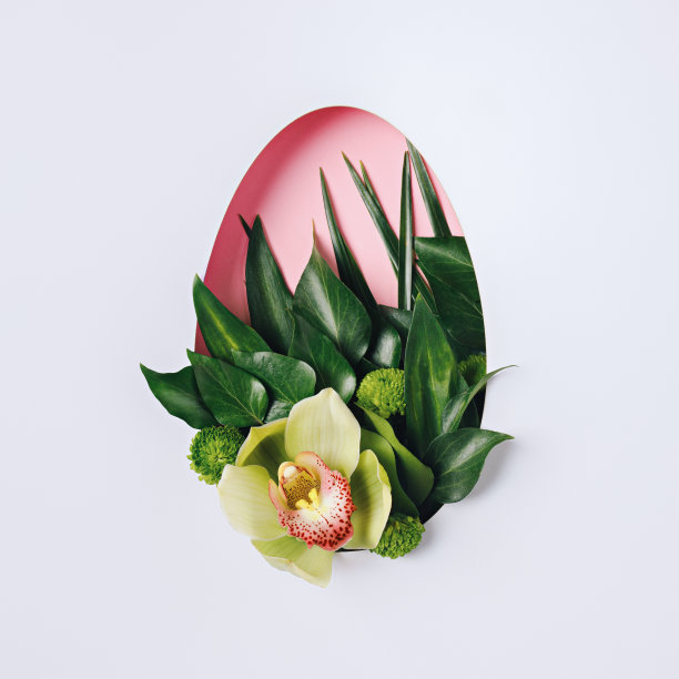 复活节彩蛋形状的绿色叶子和兰花花在明亮的背景图片下载