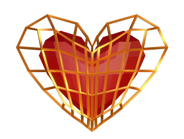 红色水晶心在笼子里。三维演示图片下载