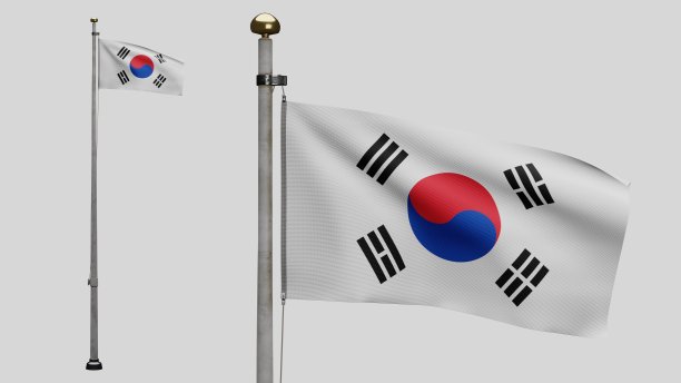 3D插图韩国国旗在风中飘扬。韩国的旗子吹丝图片下载