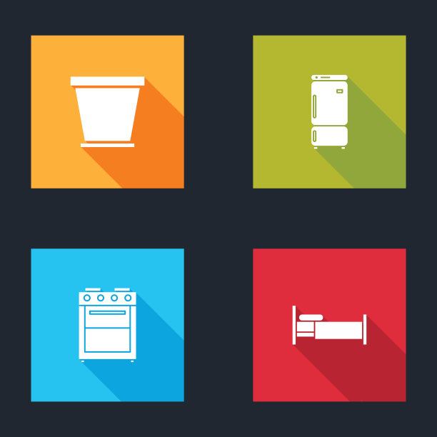 摆放花盆、冰箱、烤箱和床上的图标图片下载