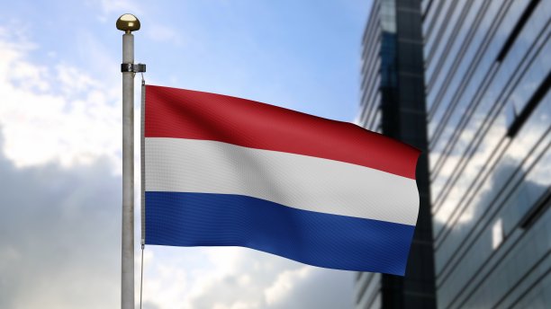 3D插图荷兰国旗在风中飘扬。荷兰的旗帜飘扬，丝质柔软图片下载