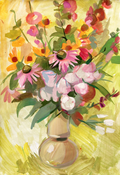 有一束鲜花的静物。水粉颜料画图片下载