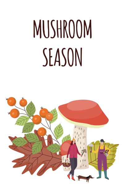 蘑菇季节卡，卡通人物采摘蘑菇图片下载