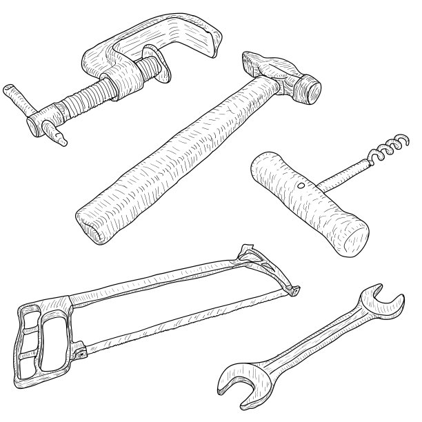 在白色背景上设置草图剪影手工具图片下载