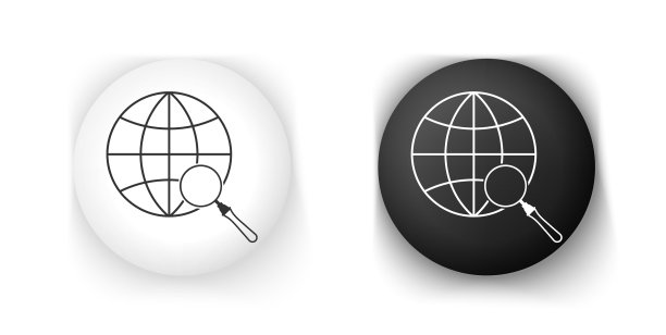 黑白放大镜与地球仪图标图片下载