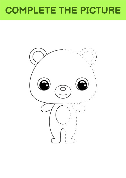 完整画的可爱的熊。彩色的书。点复制游戏。书法练习，绘画技巧训练。教育开发可打印的工作表。活动页面。矢量插图。图片下载