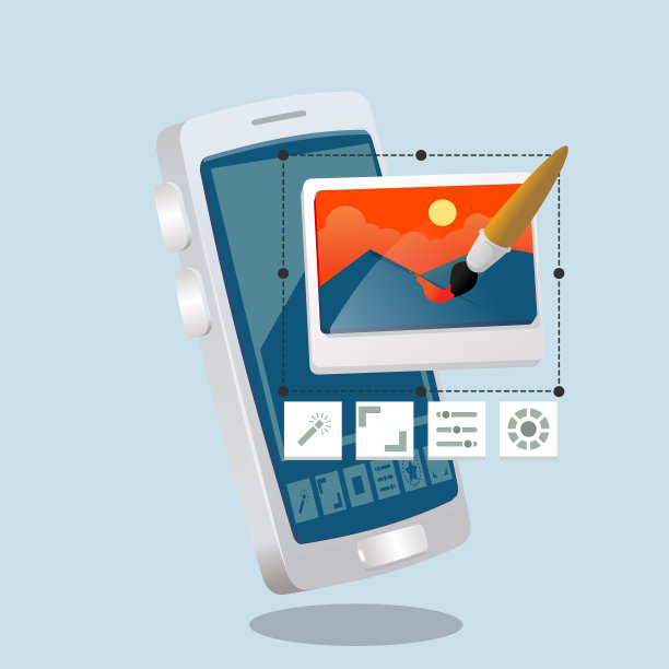 手机照片编辑应用程序。在智能手机前编辑照片。立体画卡通风格的玩具样插图图片下载