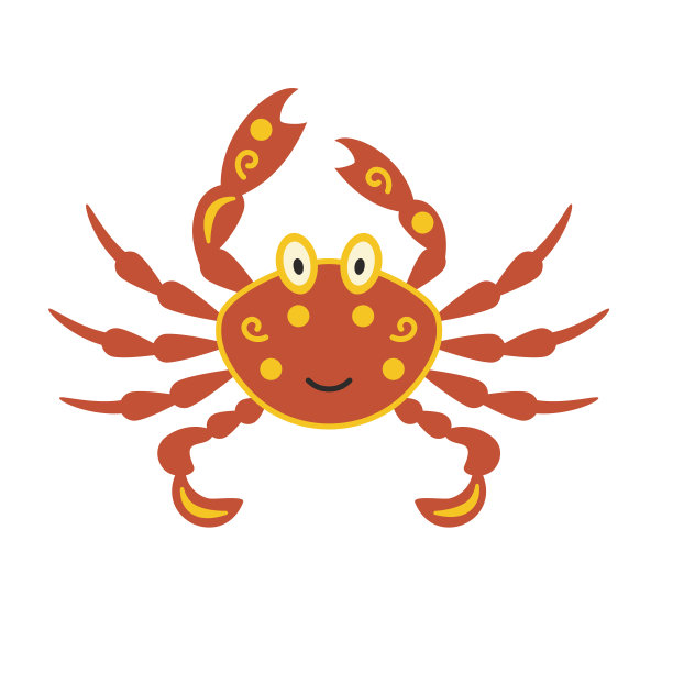 螃蟹卡通风格与扁虱和黄色斑点。手绘向量。海洋哺乳动物，甲壳类动物的一个家族。儿童插画设计元素，印花面料，出版互联网。图片下载