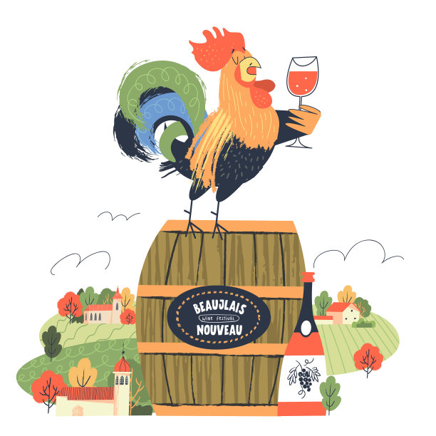一只公鸡拿着一杯酒站在一个酒桶上。平面风格的白色背景上的矢量插图。图片下载