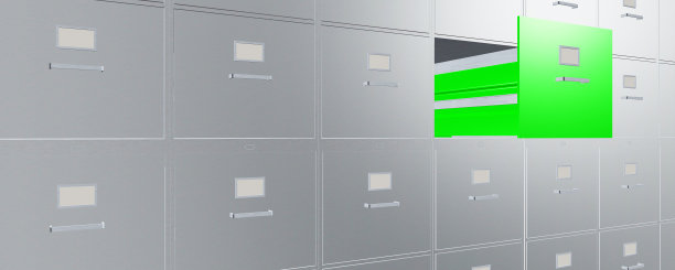 银色文件柜与打开的绿色抽屉横幅背景图片下载
