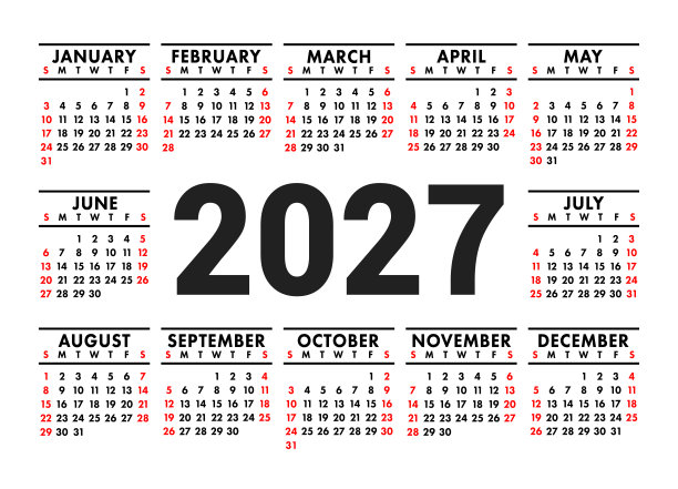 2027年日历。英文矢量卧式墙或口袋压延机模板。黑色和红色的图案。新年。一周从周日开始图片下载