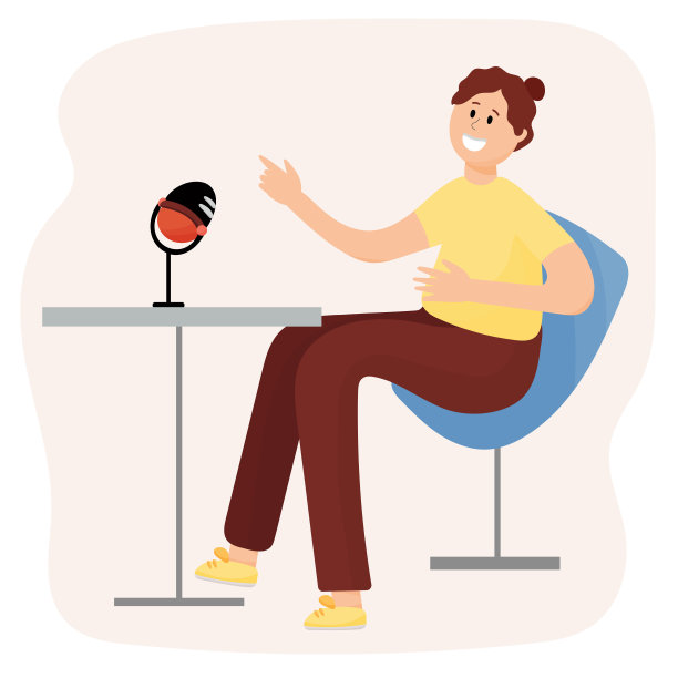 一个年轻人对着麦克风说话，录制音频播客的矢量图。这位电台主持人有他自己的方向。素材图片