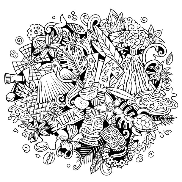 夏威夷手绘卡通涂鸦插图。图片下载