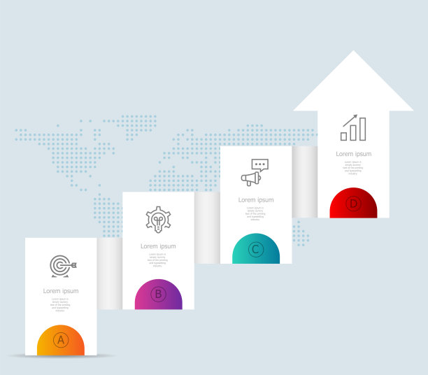 抽象的水平时间轴信息图4步，世界地图用于业务和表示图片下载