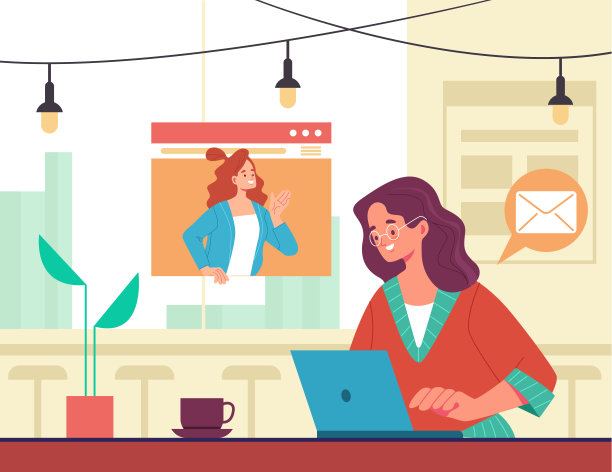 女性自由职业者角色坐在咖啡桌上工作。自由职业的概念。矢量卡通平面设计插图图片下载