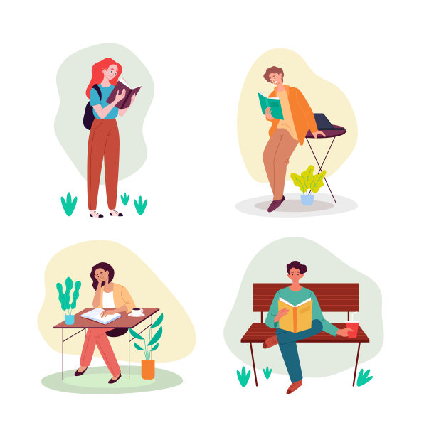 人、字、学生、书、书孤立set。矢量卡通平面设计插图图片下载