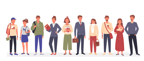 随意快乐的人，不同年龄和职业的人物站在一起图片下载