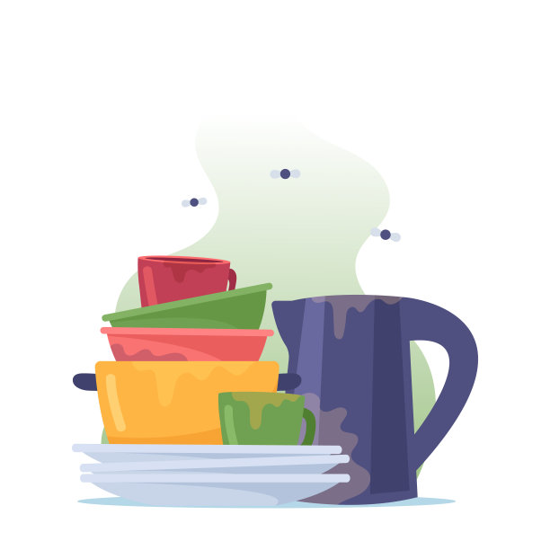 脏盘子堆，一堆盘子，水壶，煮锅和有苍蝇的杯子，洗的器皿，臭气熏天的陶器图片下载