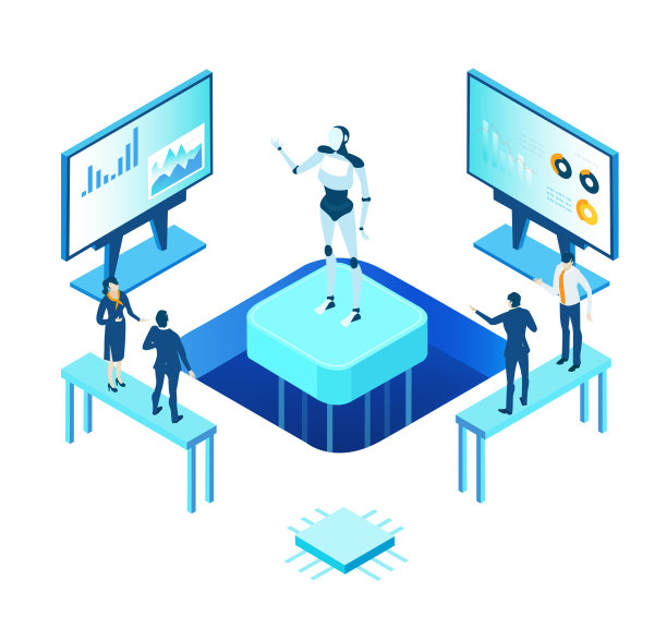 等距3D商业环境。机器人和人工智能的概念。和机器人一起工作的商业人士。人类与机器人图片下载