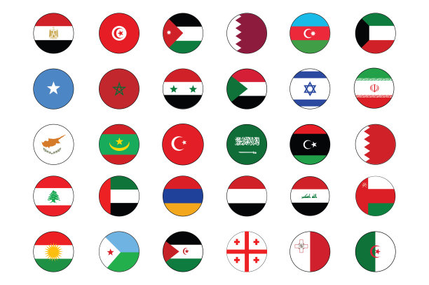 30个中东和北非主要国家和地区旗帜圆形按钮图标集图片下载
