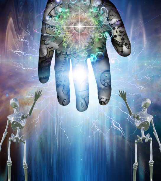 机器的神。人的手掌和齿轮图片下载
