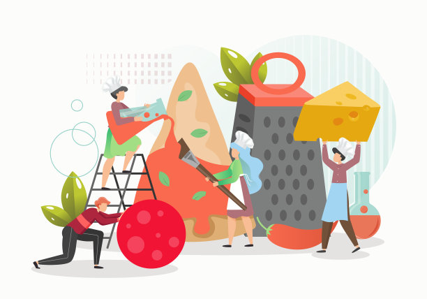 戴着厨师帽的小人在做巨大的披萨图片下载