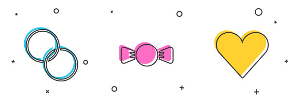 设置结婚戒指，蝴蝶结和心形图标图片下载