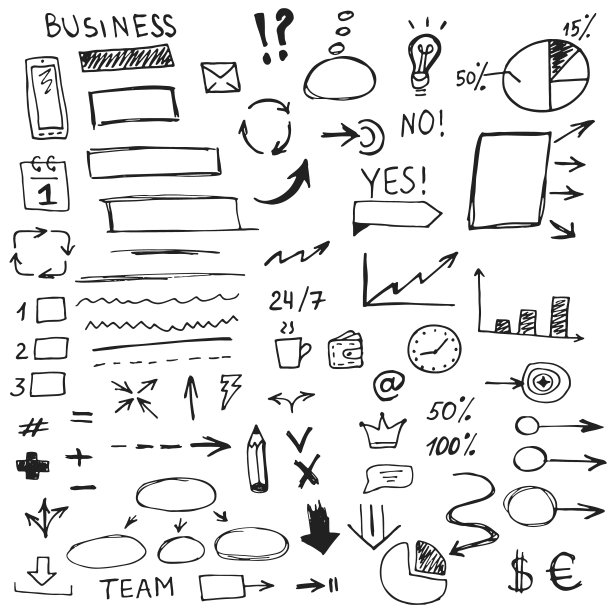 手绘矢量大企业涂鸦集金钱图标，时间图标，箭头和图表，方案。图片下载