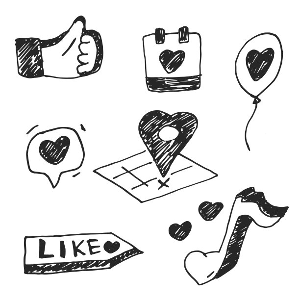 矢量手绘制一套像图标:日历，地图，手指向上，音乐音符和气泡与心。图片下载