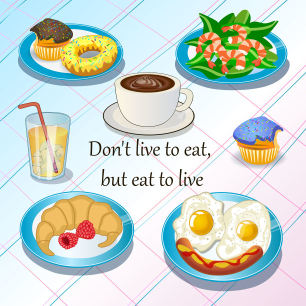 早餐在桌上。早餐有各种各样的菜肴。香肠炒蛋，鲜虾沙拉，松饼，甜甜圈，羊角面包，浆果，咖啡，果汁。图片下载