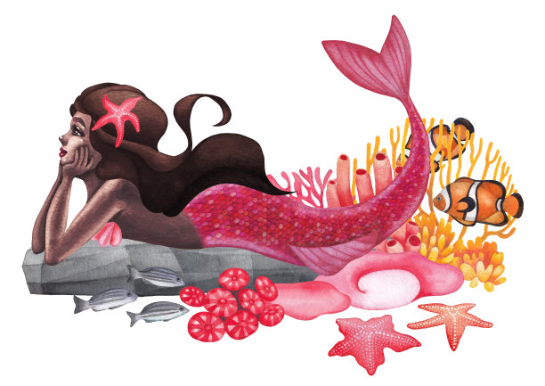 水彩非洲美人鱼躺在礁石植物和鱼类之间的海底沙的石头图片下载