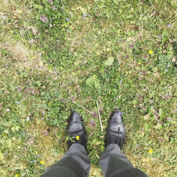 在草地上低头看鞋的人图片下载